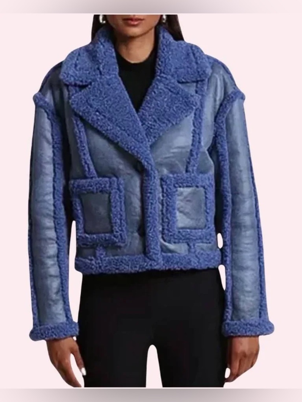 7 For All Mankind Faux Shearling Cropped Jacket Blue‎ Teddy Moto Coat XS NWT
